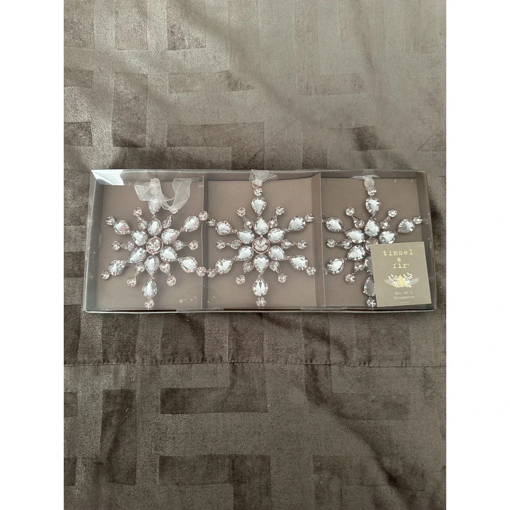 Clear Rhinestone Gem Rose Gold Tone Snowflake Ornaments Set Of 3 Christmas Shiny